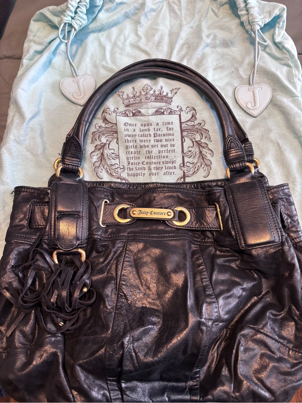 Juicy Couture Black butter leather,   Fabric-Lined Handbag with Gold Accents